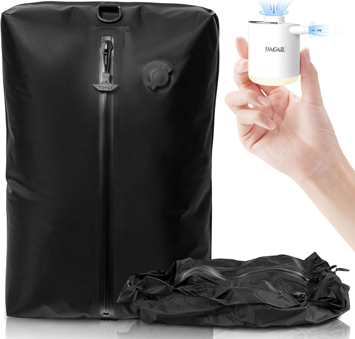 TPU Vacuum Bag for Travel, Reusable Compression Bag with IPX8 Waterproof Zipper, Save Space for Suitcase, Backpack and Carry on (Jet Black, Large, With Pump)