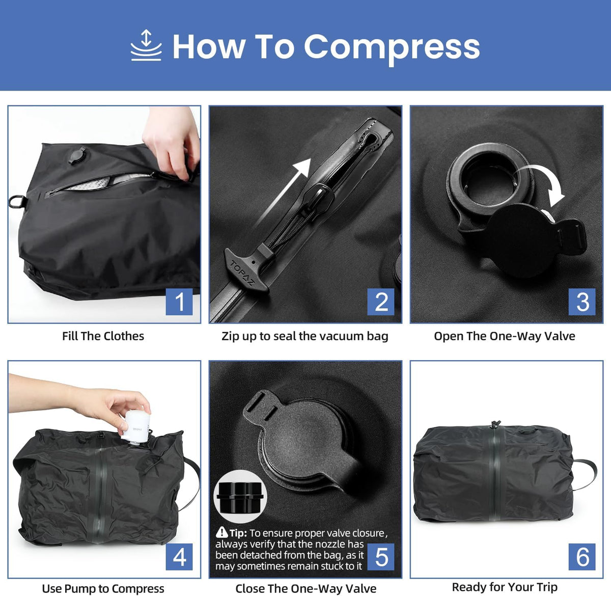 TPU Vacuum Bag for Travel, Reusable Compression Bag with IPX8 Waterproof Zipper, Save Space for Suitcase, Backpack and Carry on (Jet Black, Large, With Pump)