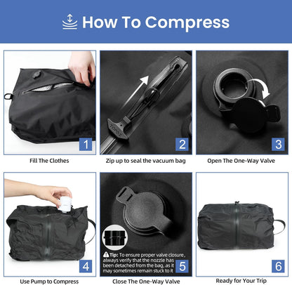 TPU Vacuum Bag for Travel, Reusable Compression Bag with IPX8 Waterproof Zipper, Save Space for Suitcase, Backpack and Carry on (Jet Black, Large, With Pump)