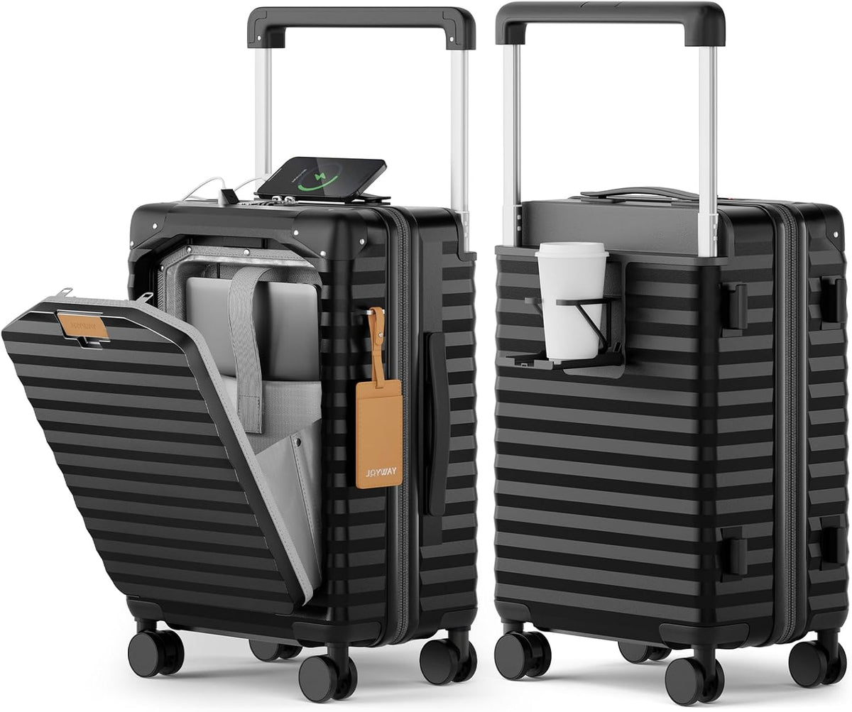 20 Inch Carry on Luggage with Front Pocket, PC Hardshell Carry-on Suitcase with USB Port and Cup Holder, 21.5x14.2x9 Airline Approved, Luggage with Spinner Wheels and TSA Lock (Black)