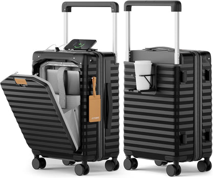 20 Inch Carry on Luggage with Front Pocket, PC Hardshell Carry-on Suitcase with USB Port and Cup Holder, 21.5x14.2x9 Airline Approved, Luggage with Spinner Wheels and TSA Lock (Black)