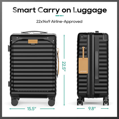 20 Inch Carry on Luggage with Front Pocket, PC Hardshell Carry-on Suitcase with USB Port and Cup Holder, 21.5x14.2x9 Airline Approved, Luggage with Spinner Wheels and TSA Lock (Black)
