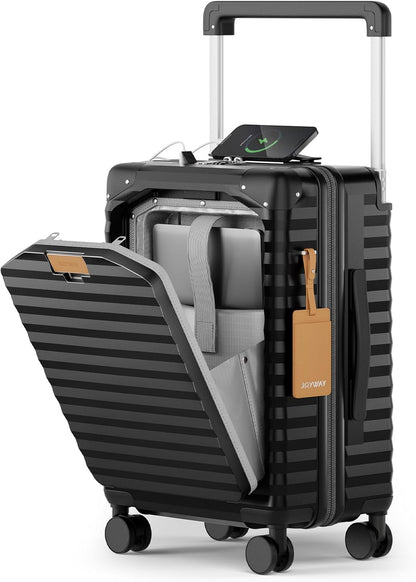 20 Inch Carry on Luggage with Front Pocket, PC Hardshell Carry-on Suitcase with USB Port and Cup Holder, 21.5x14.2x9 Airline Approved, Luggage with Spinner Wheels and TSA Lock (Black)