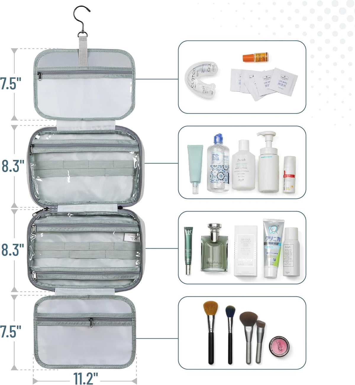 Travel Toiletry Bag Organizers, Gray | Makeup Travel Bag for Toiletries with Hanging Hook, Water-Resistant