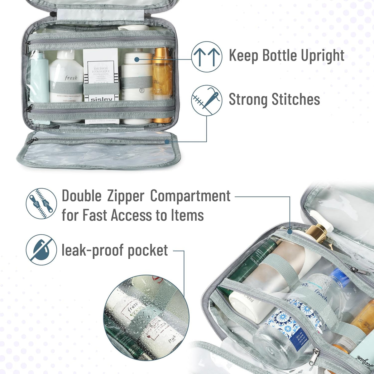 Travel Toiletry Bag Organizers, Gray | Makeup Travel Bag for Toiletries with Hanging Hook, Water-Resistant
