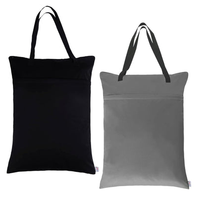 ALVA 2 Pack Large Wet Dry Bag Waterproof Hanging Cloth Diaper with Double Zippered Pockets 25x18 inches (Black and grey)