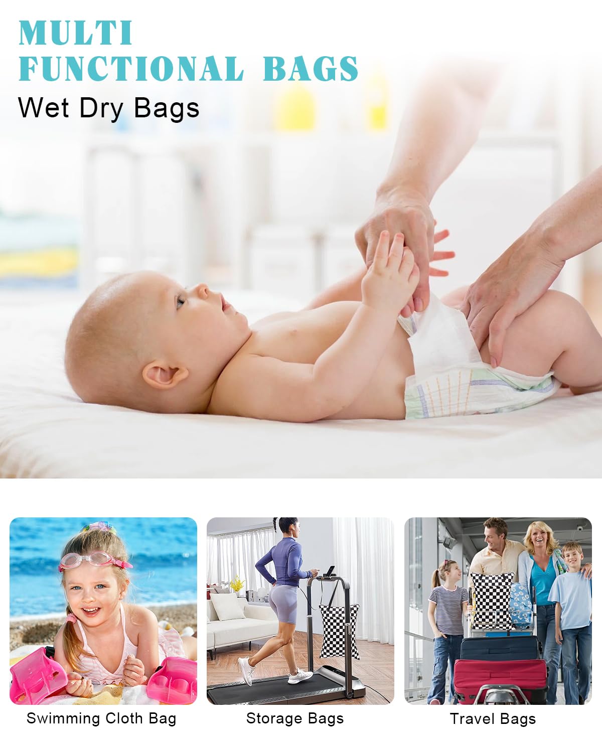 ALVA 2 Pack Large Wet Dry Bag Waterproof Hanging Cloth Diaper with Double Zippered Pockets 25x18 inches (Black and grey)