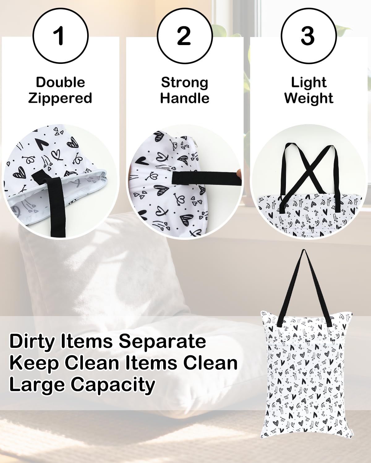 ALVA 2 Pack Large Wet Dry Bag Waterproof Hanging Cloth Diaper with Double Zippered Pockets 25x18 inches (Black and grey)