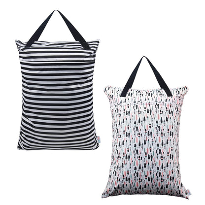 ALVA 2 Pack Large Wet Dry Bag Waterproof Hanging Cloth Diaper with Double Zippered Pockets 25x18 inches (Black and grey)