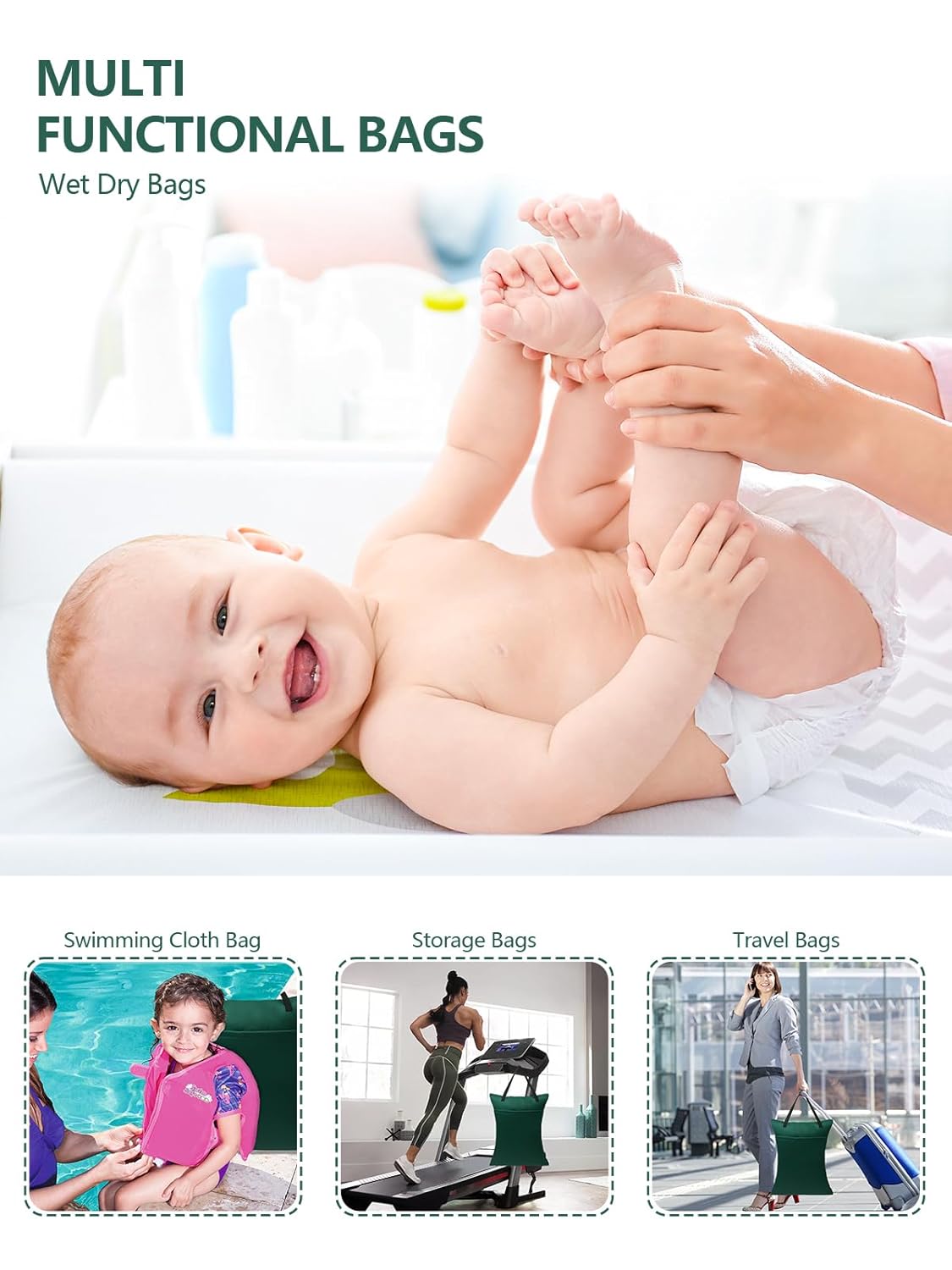 ALVA 2 Pack Large Wet Dry Bag Waterproof Hanging Cloth Diaper with Double Zippered Pockets 25x18 inches (Black and grey)