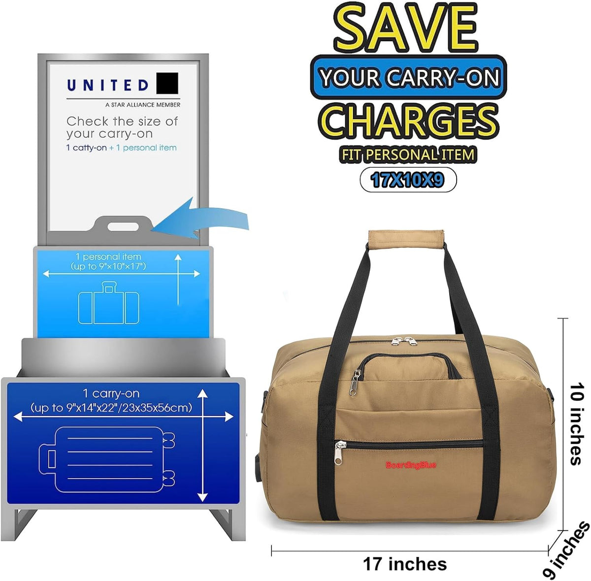 17x10x9 United Airline Personal Item Under Seat Duffel Bag With Free Pillow And USB Port (Royal Blue)