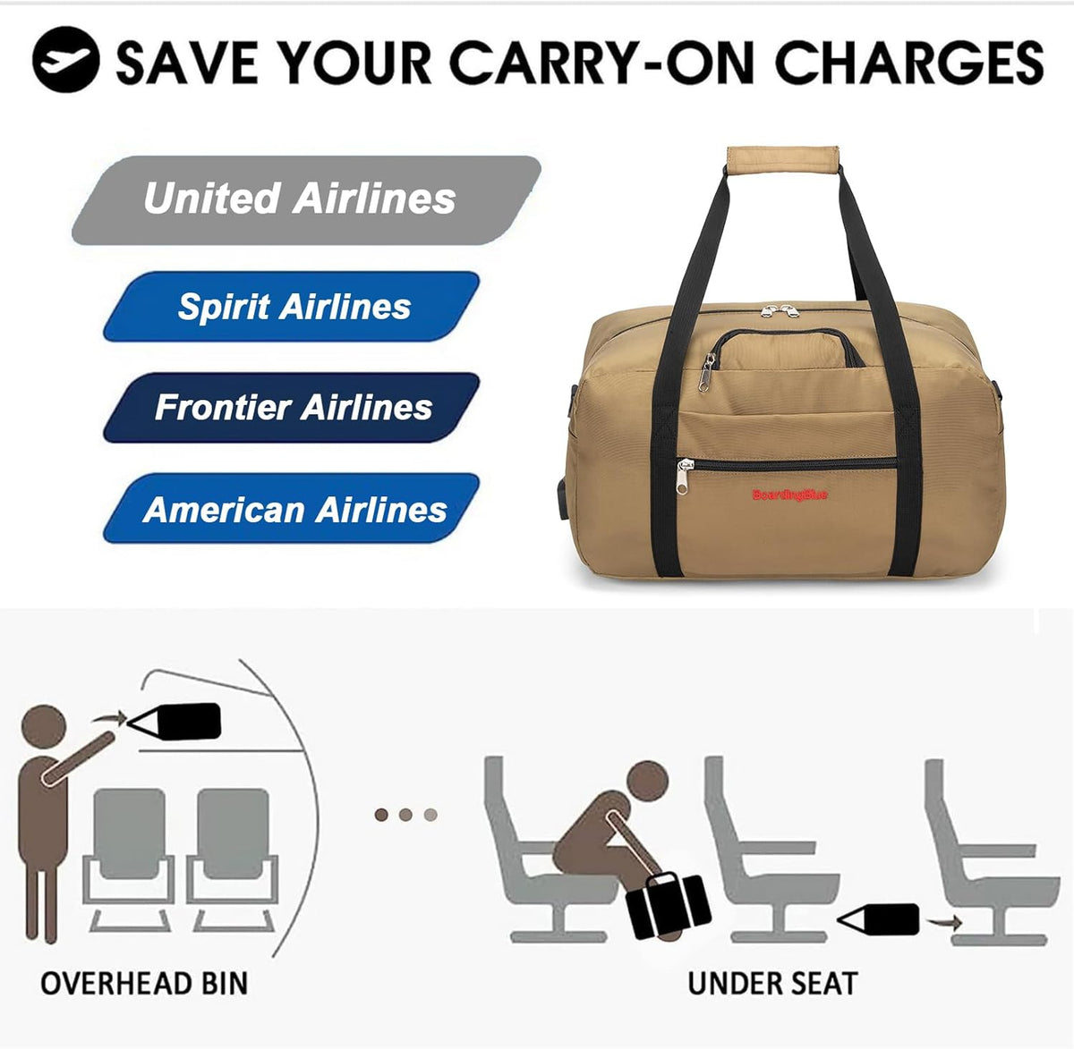 17x10x9 United Airline Personal Item Under Seat Duffel Bag With Free Pillow And USB Port (Royal Blue)