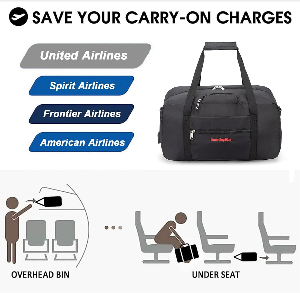 17x10x9 United Airline Personal Item Under Seat Duffel Bag With Free Pillow And USB Port (Royal Blue)