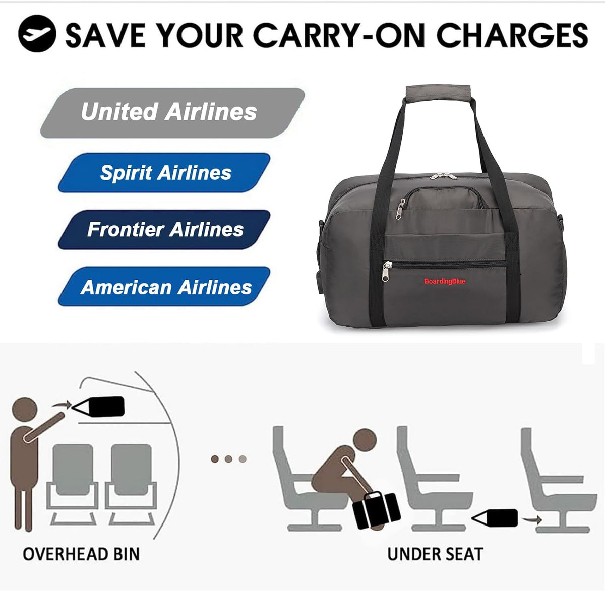 17x10x9 United Airline Personal Item Under Seat Duffel Bag With Free Pillow And USB Port (Royal Blue)