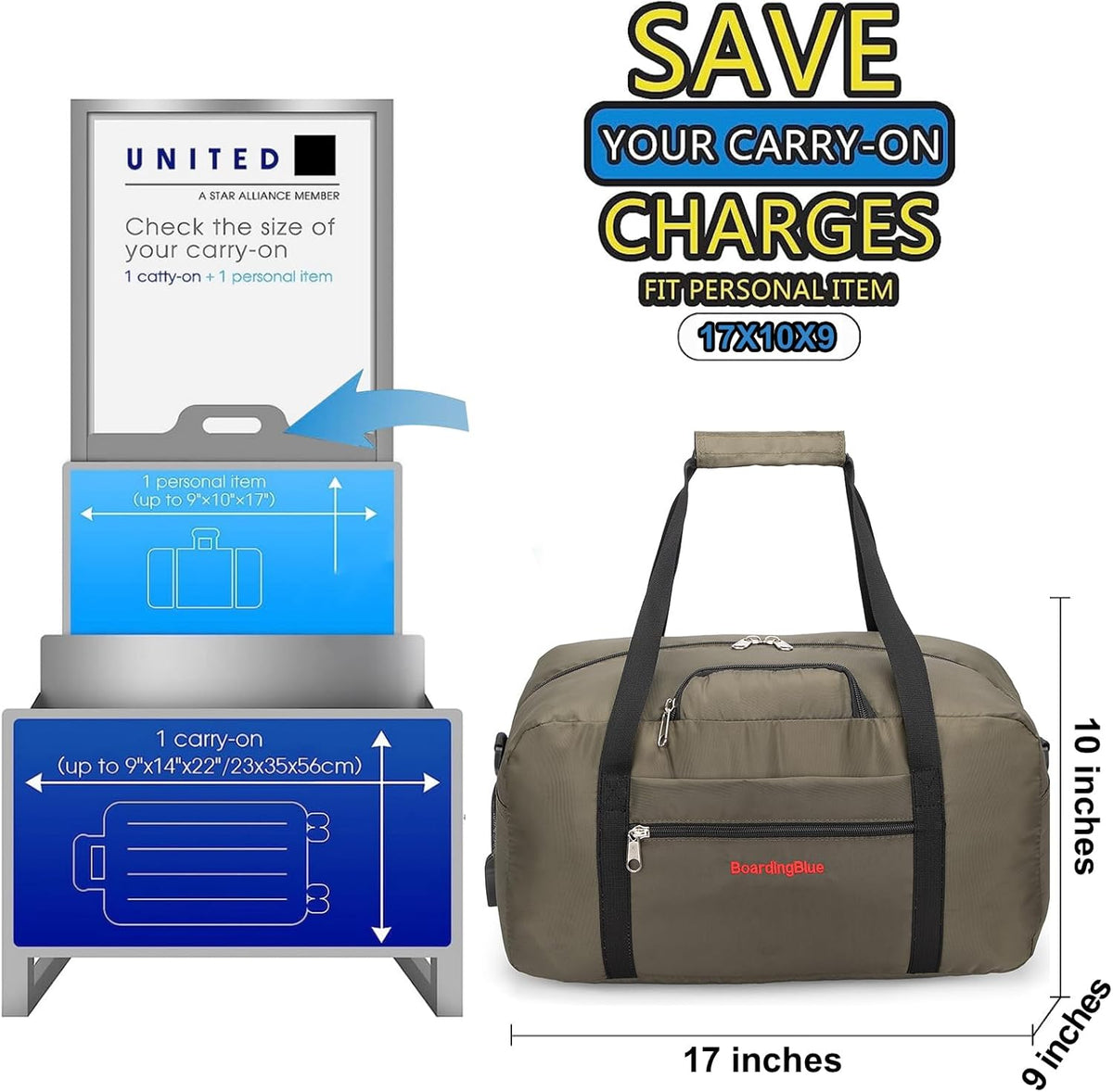17x10x9 United Airline Personal Item Under Seat Duffel Bag With Free Pillow And USB Port (Royal Blue)