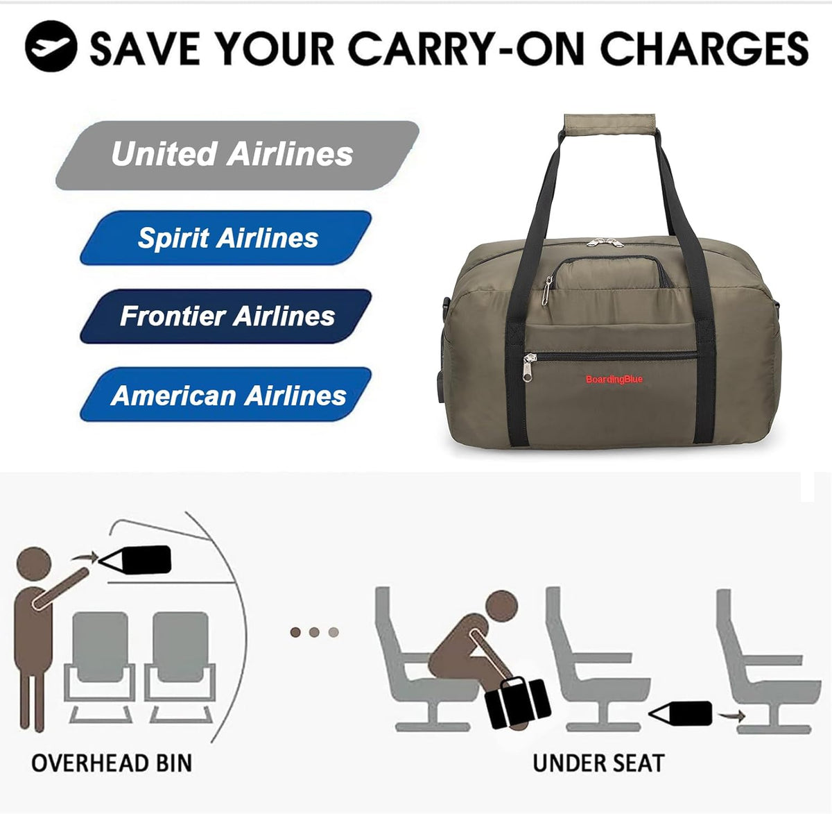 17x10x9 United Airline Personal Item Under Seat Duffel Bag With Free Pillow And USB Port (Royal Blue)