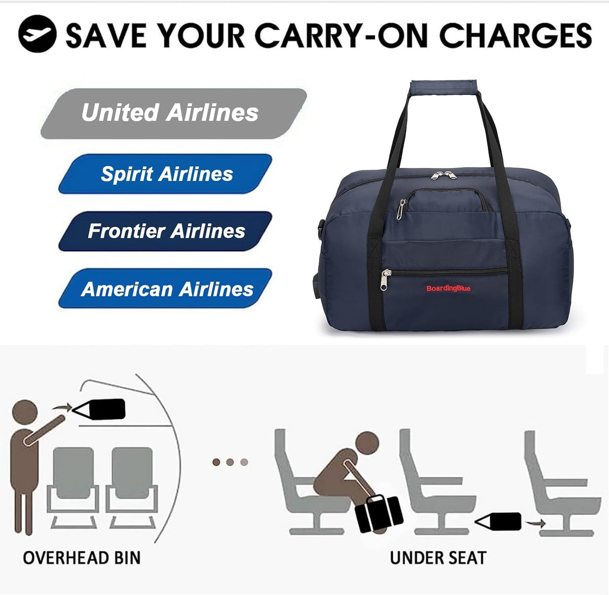 17x10x9 United Airline Personal Item Under Seat Duffel Bag With Free Pillow And USB Port (Royal Blue)