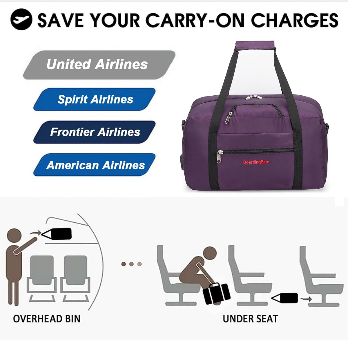 17x10x9 United Airline Personal Item Under Seat Duffel Bag With Free Pillow And USB Port (Royal Blue)