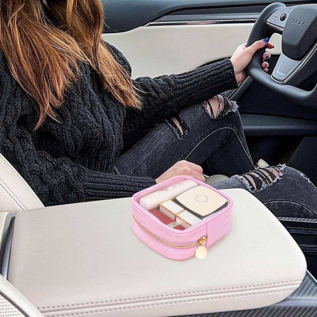 FFaw Small Clear Makeup Bag, Nylon Mini Cosmetic Bag Small Makeup Pouch for Purse TSA Approved Travel Toiletry Bags with Zipper Cute Makeup Case Organizer Car Bag for Women Girls (Rose Mini)