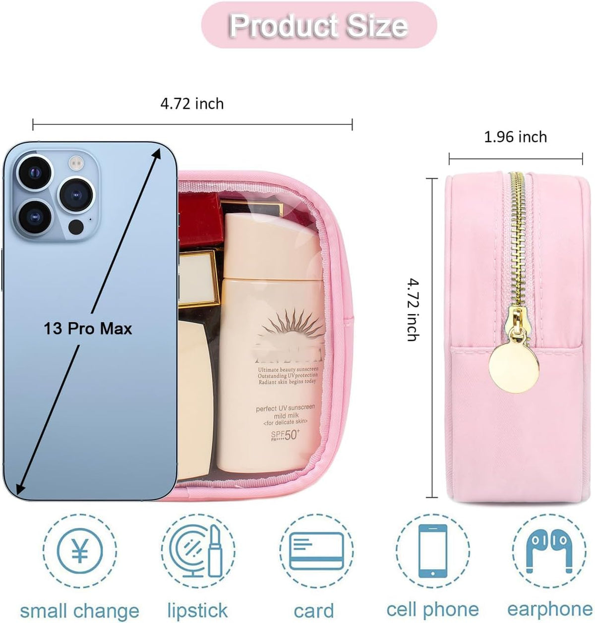 FFaw Small Clear Makeup Bag, Nylon Mini Cosmetic Bag Small Makeup Pouch for Purse TSA Approved Travel Toiletry Bags with Zipper Cute Makeup Case Organizer Car Bag for Women Girls (Rose Mini)