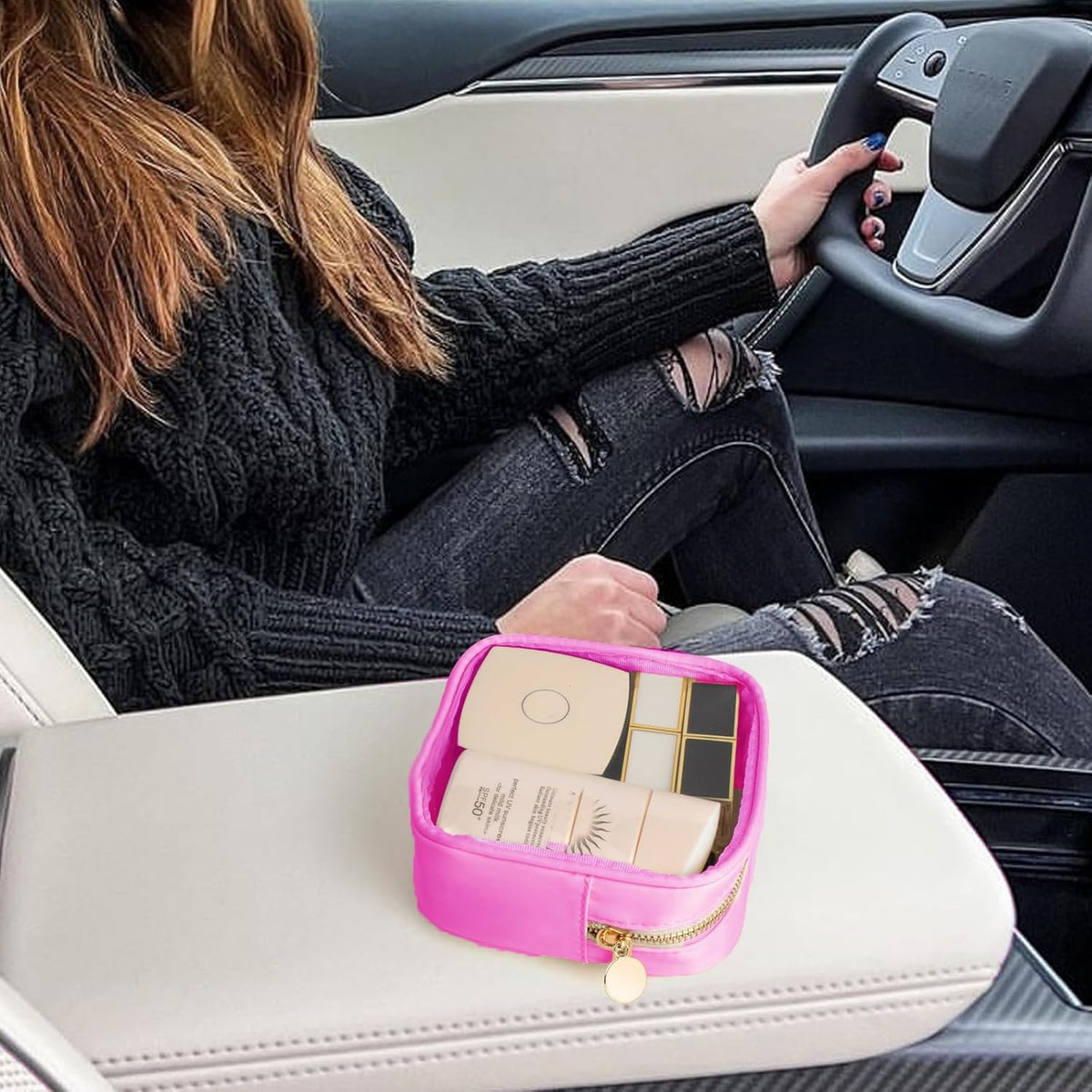 FFaw Small Clear Makeup Bag, Nylon Mini Cosmetic Bag Small Makeup Pouch for Purse TSA Approved Travel Toiletry Bags with Zipper Cute Makeup Case Organizer Car Bag for Women Girls (Rose Mini)
