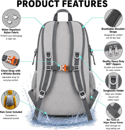 35L Sturdy Backpack Foldable, Multi-Pocket with Rain Cover, Comfortable | Foldable, Waterproof, SBS™ Zippers, Washable, Chest Strap