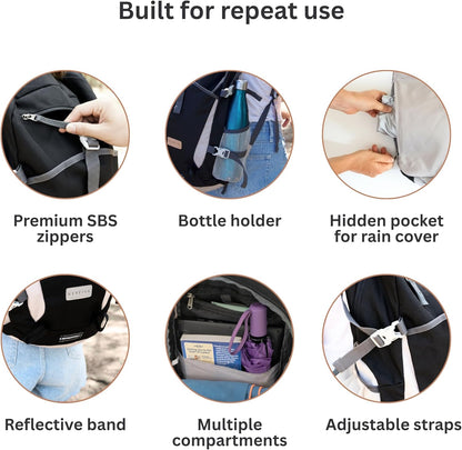 35L Sturdy Backpack Foldable, Multi-Pocket with Rain Cover, Comfortable | Foldable, Waterproof, SBS™ Zippers, Washable, Chest Strap