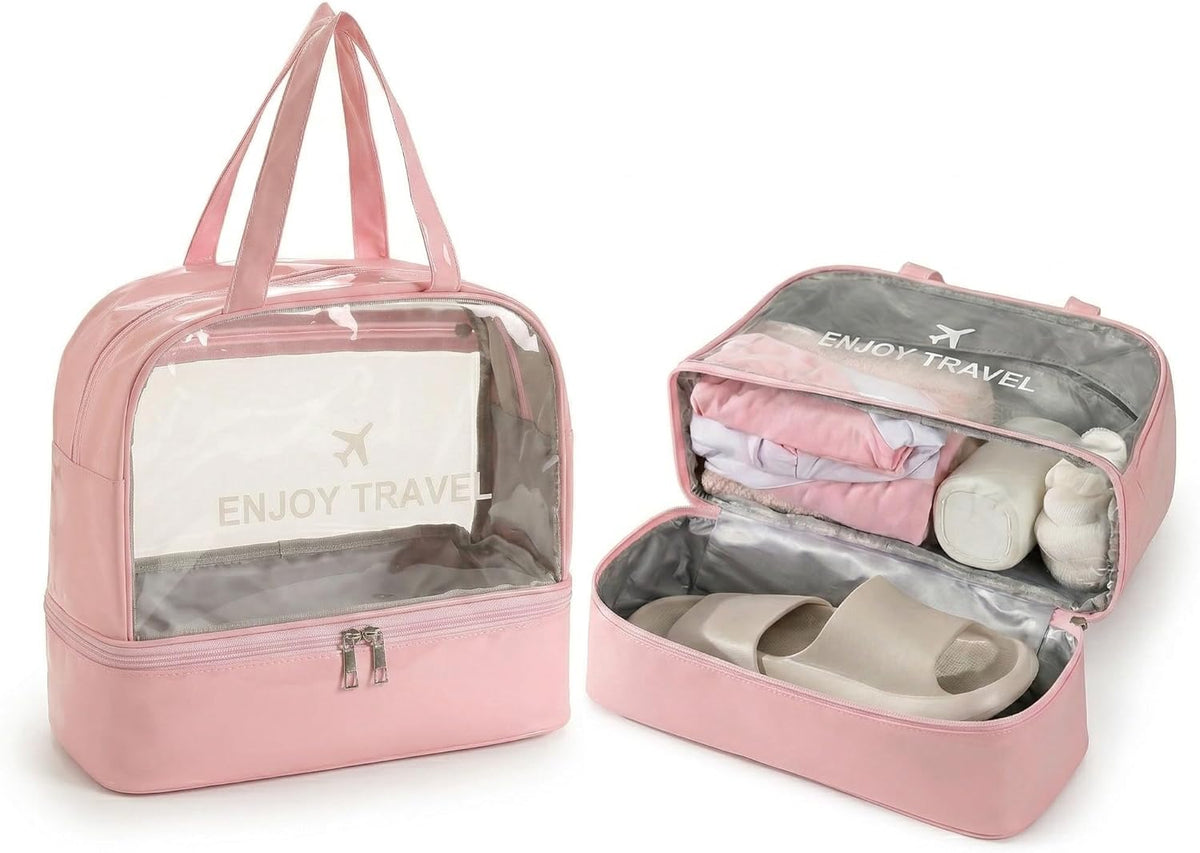 Travel Toiletry Bag for Women, Clear Large Makeup Organizer Bag with Bottom Shoe Compartment, Waterproof Wet Dry Separation Cosmetic Bag for Gym, Pool, Beach, Vacation Travel Essentials, Pink
