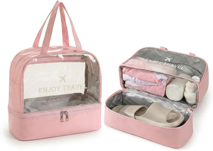 Travel Toiletry Bag for Women, Clear Large Makeup Organizer Bag with Bottom Shoe Compartment, Waterproof Wet Dry Separation Cosmetic Bag for Gym, Pool, Beach, Vacation Travel Essentials, Pink