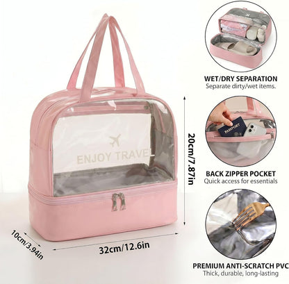 Travel Toiletry Bag for Women, Clear Large Makeup Organizer Bag with Bottom Shoe Compartment, Waterproof Wet Dry Separation Cosmetic Bag for Gym, Pool, Beach, Vacation Travel Essentials, Pink