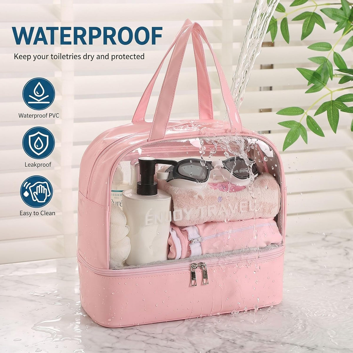 Travel Toiletry Bag for Women, Clear Large Makeup Organizer Bag with Bottom Shoe Compartment, Waterproof Wet Dry Separation Cosmetic Bag for Gym, Pool, Beach, Vacation Travel Essentials, Pink