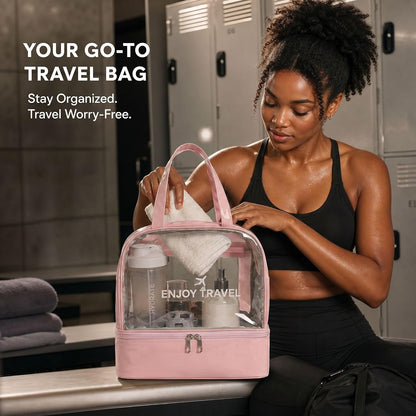 Travel Toiletry Bag for Women, Clear Large Makeup Organizer Bag with Bottom Shoe Compartment, Waterproof Wet Dry Separation Cosmetic Bag for Gym, Pool, Beach, Vacation Travel Essentials, Pink