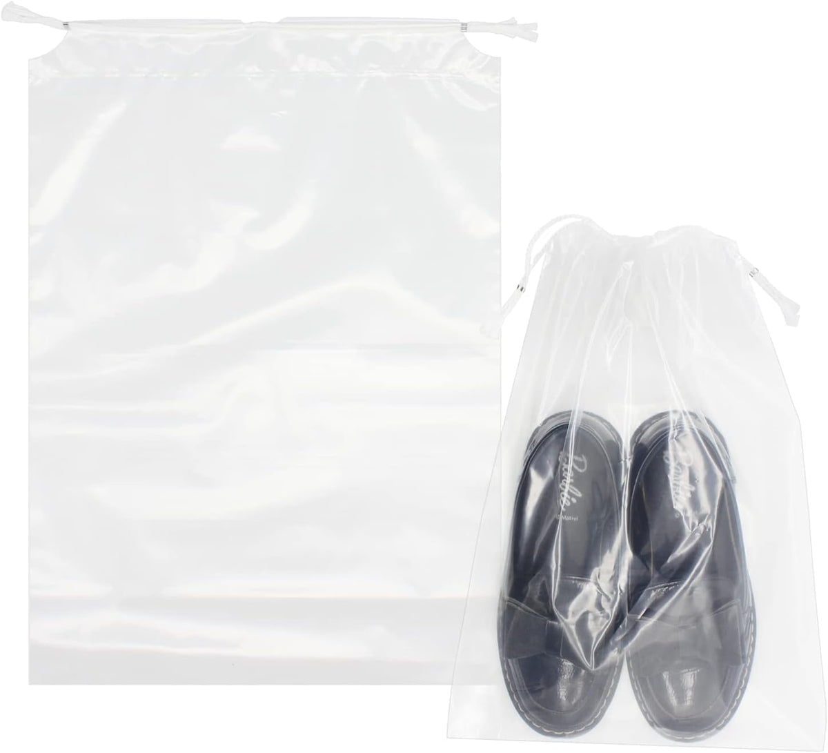 100 Pack 12x18 inch Plastic Drawstring Bags Transparent Shoe Bags for Travel Large Clear Shoes Storage Organizers Pouch with Cotton Draw Strings Shoe Dust Bags