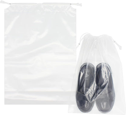 100 Pack 12x18 inch Plastic Drawstring Bags Transparent Shoe Bags for Travel Large Clear Shoes Storage Organizers Pouch with Cotton Draw Strings Shoe Dust Bags