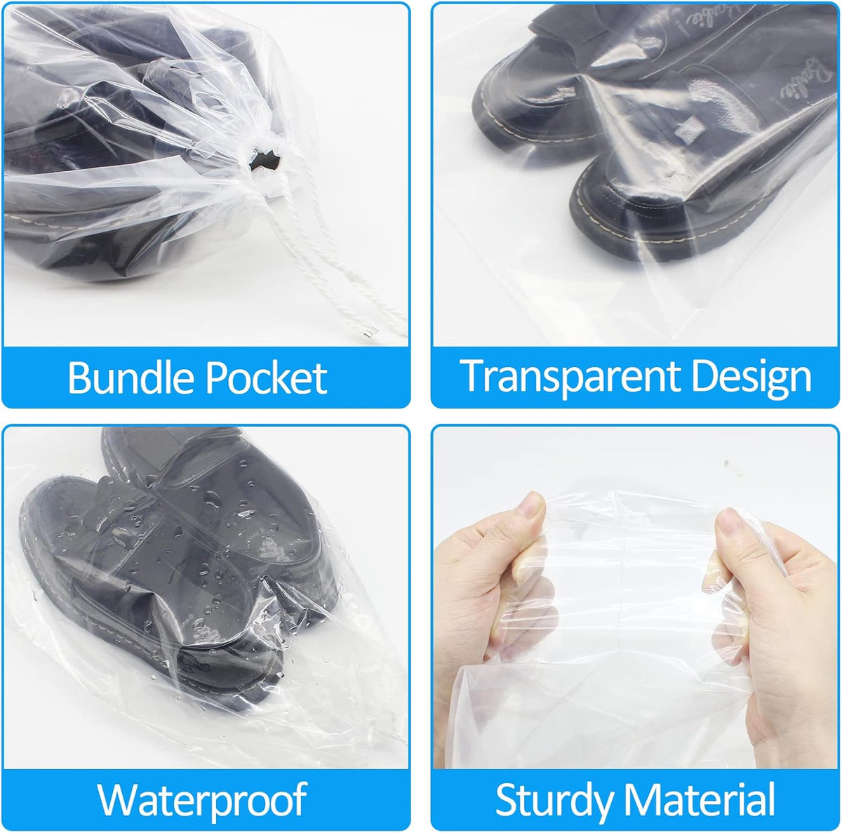 100 Pack 12x18 inch Plastic Drawstring Bags Transparent Shoe Bags for Travel Large Clear Shoes Storage Organizers Pouch with Cotton Draw Strings Shoe Dust Bags