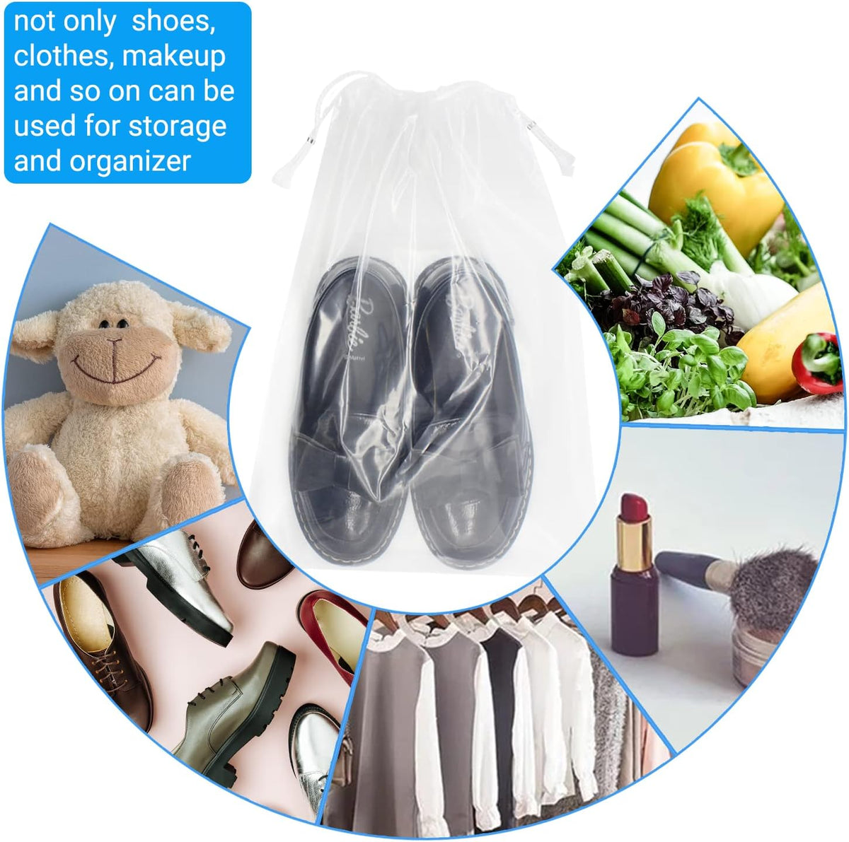 100 Pack 12x18 inch Plastic Drawstring Bags Transparent Shoe Bags for Travel Large Clear Shoes Storage Organizers Pouch with Cotton Draw Strings Shoe Dust Bags