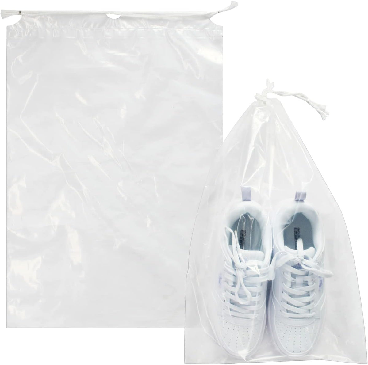 100 Pack 12x18 inch Plastic Drawstring Bags Transparent Shoe Bags for Travel Large Clear Shoes Storage Organizers Pouch with Cotton Draw Strings Shoe Dust Bags