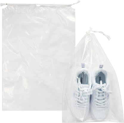100 Pack 12x18 inch Plastic Drawstring Bags Transparent Shoe Bags for Travel Large Clear Shoes Storage Organizers Pouch with Cotton Draw Strings Shoe Dust Bags