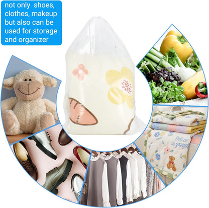 100 Pack 12x18 inch Plastic Drawstring Bags Transparent Shoe Bags for Travel Large Clear Shoes Storage Organizers Pouch with Cotton Draw Strings Shoe Dust Bags