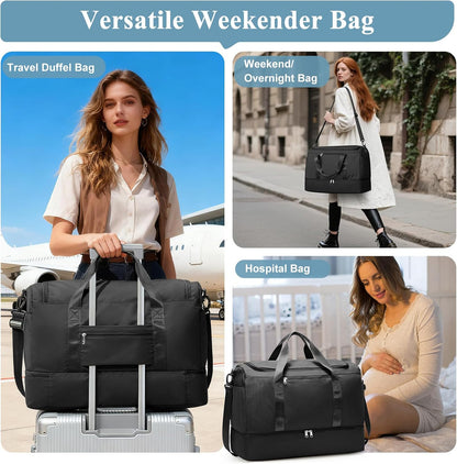Travel Duffel Bag with Shoe Compartment, XL Weekender Bags for Women | Carry-On Overnight Bag for Gym Sports & Business Trips, Water-Resistant Hospital Bag for Labor and Delivery