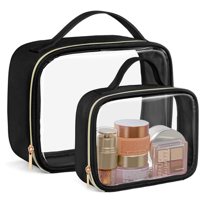 Clear Makeup Bag Travel - TSA Approved Toiletry Bag, 2 Pack Black | 1 Medium Quart Carry-On & 1 Large Checked-Luggage, Easy-Carry Handle, Water-Resistant, Clear Easy-Check for Airport, Women