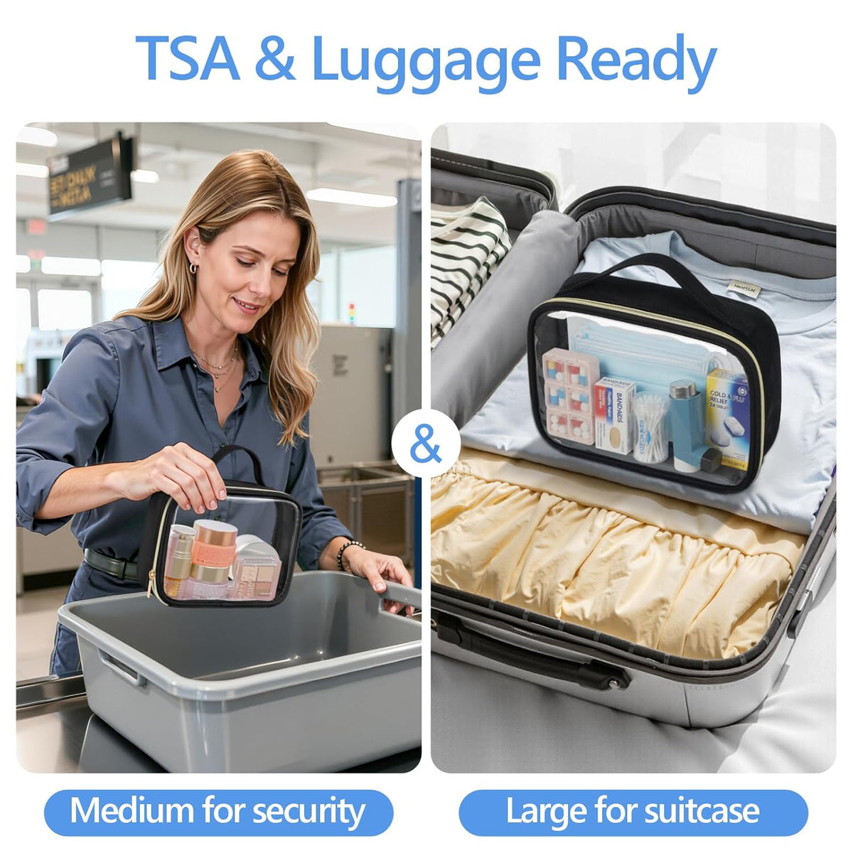 Clear Makeup Bag Travel - TSA Approved Toiletry Bag, 2 Pack Black | 1 Medium Quart Carry-On & 1 Large Checked-Luggage, Easy-Carry Handle, Water-Resistant, Clear Easy-Check for Airport, Women