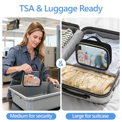 Clear Makeup Bag Travel - TSA Approved Toiletry Bag, 2 Pack Black | 1 Medium Quart Carry-On & 1 Large Checked-Luggage, Easy-Carry Handle, Water-Resistant, Clear Easy-Check for Airport, Women