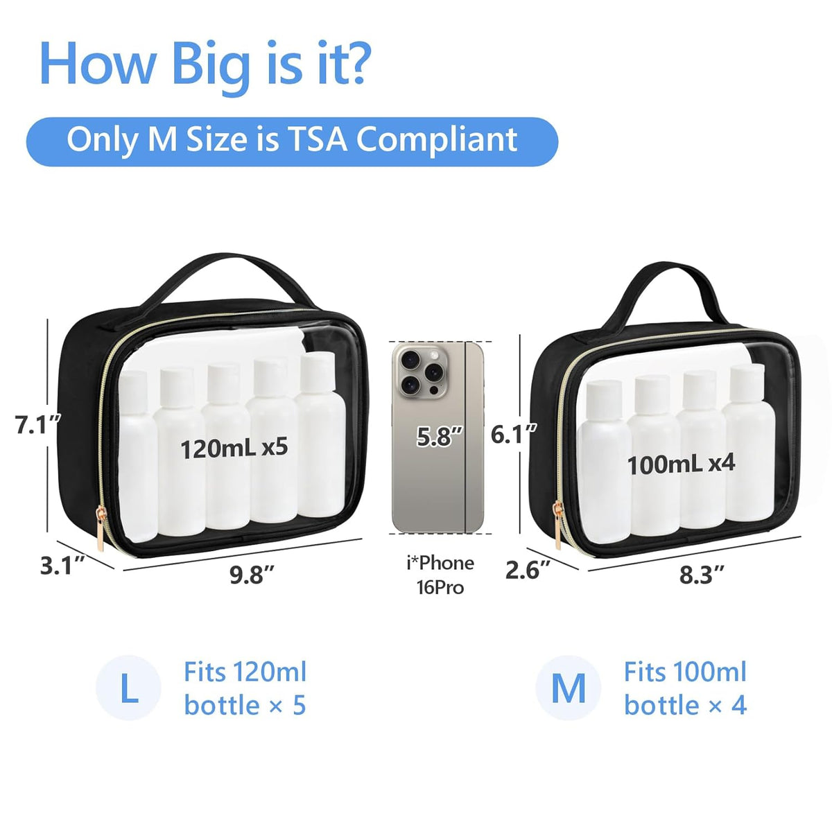 Clear Makeup Bag Travel - TSA Approved Toiletry Bag, 2 Pack Black | 1 Medium Quart Carry-On & 1 Large Checked-Luggage, Easy-Carry Handle, Water-Resistant, Clear Easy-Check for Airport, Women