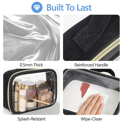Clear Makeup Bag Travel - TSA Approved Toiletry Bag, 2 Pack Black | 1 Medium Quart Carry-On & 1 Large Checked-Luggage, Easy-Carry Handle, Water-Resistant, Clear Easy-Check for Airport, Women