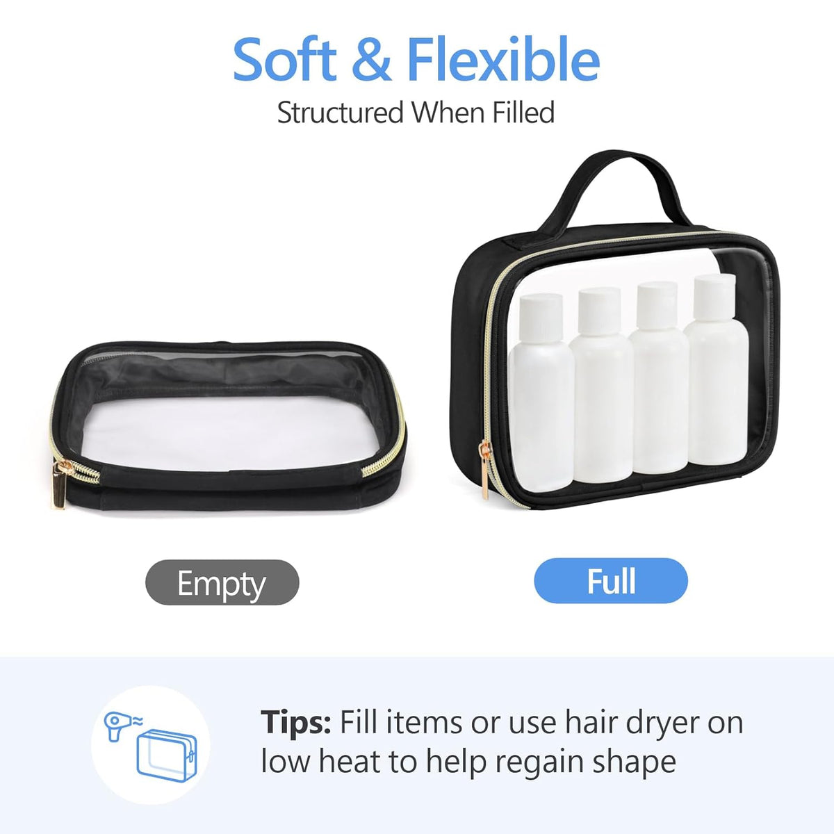 Clear Makeup Bag Travel - TSA Approved Toiletry Bag, 2 Pack Black | 1 Medium Quart Carry-On & 1 Large Checked-Luggage, Easy-Carry Handle, Water-Resistant, Clear Easy-Check for Airport, Women