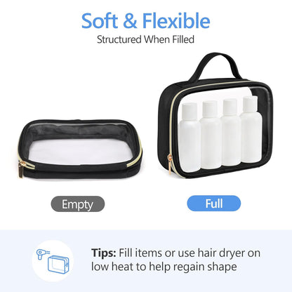 Clear Makeup Bag Travel - TSA Approved Toiletry Bag, 2 Pack Black | 1 Medium Quart Carry-On & 1 Large Checked-Luggage, Easy-Carry Handle, Water-Resistant, Clear Easy-Check for Airport, Women