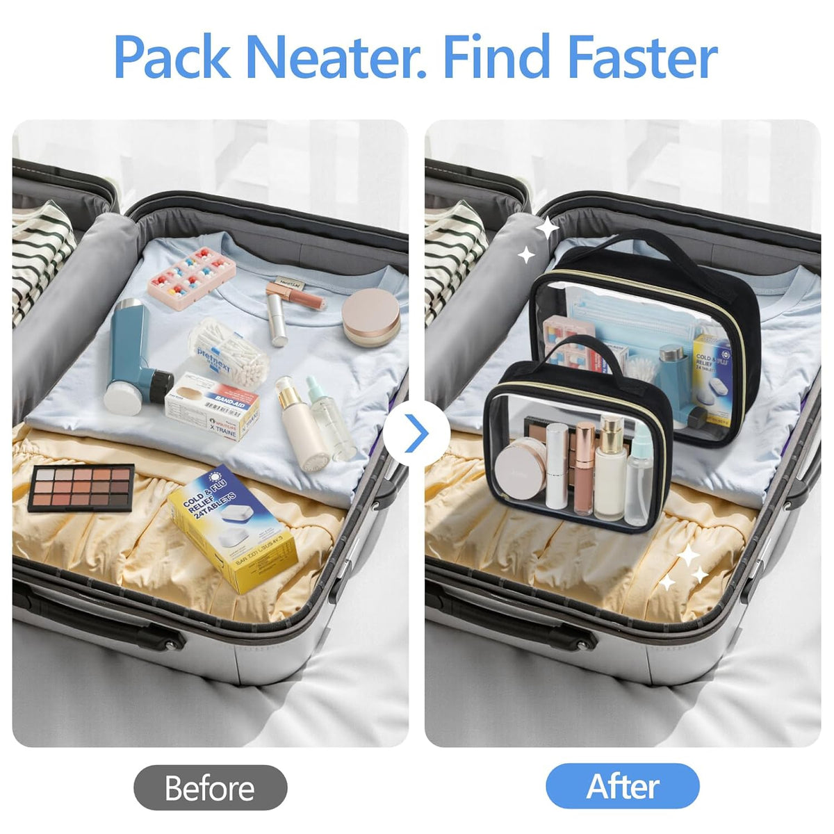Clear Makeup Bag Travel - TSA Approved Toiletry Bag, 2 Pack Black | 1 Medium Quart Carry-On & 1 Large Checked-Luggage, Easy-Carry Handle, Water-Resistant, Clear Easy-Check for Airport, Women