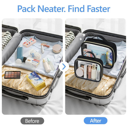 Clear Makeup Bag Travel - TSA Approved Toiletry Bag, 2 Pack Black | 1 Medium Quart Carry-On & 1 Large Checked-Luggage, Easy-Carry Handle, Water-Resistant, Clear Easy-Check for Airport, Women