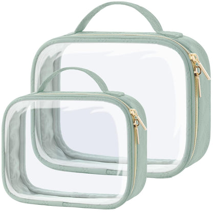 Clear Makeup Bag Travel - TSA Approved Toiletry Bag, 2 Pack Black | 1 Medium Quart Carry-On & 1 Large Checked-Luggage, Easy-Carry Handle, Water-Resistant, Clear Easy-Check for Airport, Women
